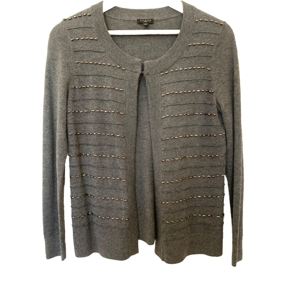 Talbots Gray Jeweled Cardigan Sweater Petite Small Wool Blend Office Layer